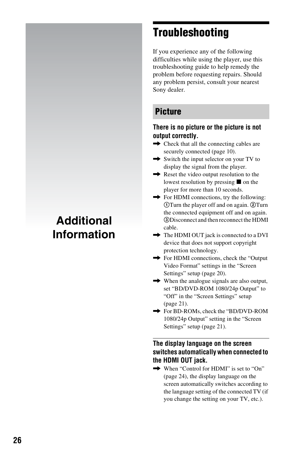 Additional information, Troubleshooting, Additional information troubleshooting | Picture | Sony BDP-S470 User Manual | Page 26 / 35