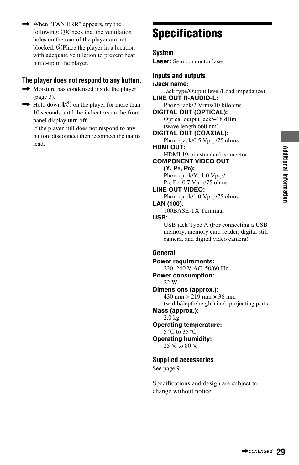 Specifications | Sony BDP-S470 User Manual | Page 29 / 35