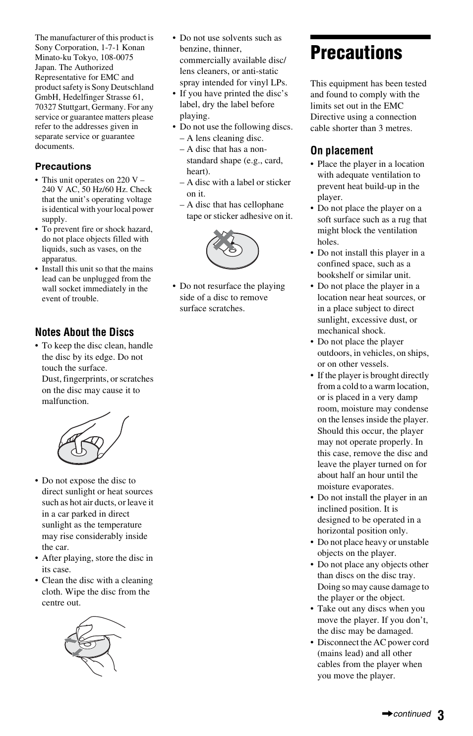Precautions, On placement | Sony BDP-S470 User Manual | Page 3 / 35
