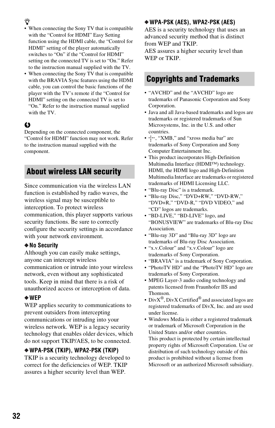 Sony BDP-S470 User Manual | Page 32 / 35