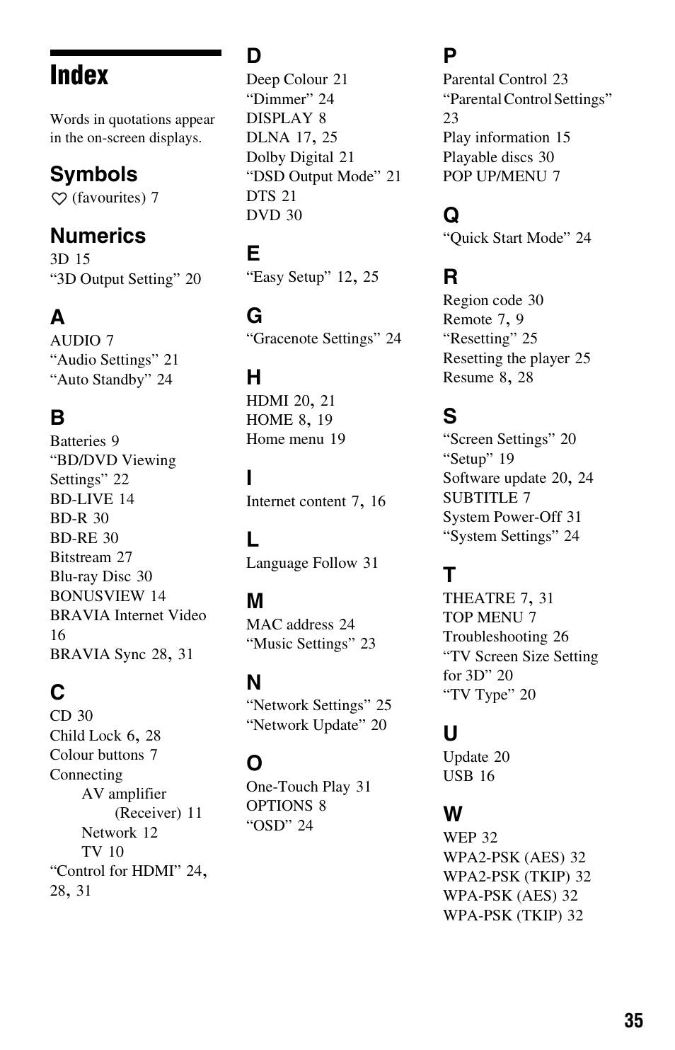 Index, Symbols, Numerics | Sony BDP-S470 User Manual | Page 35 / 35
