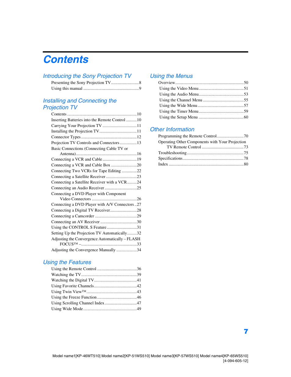 Sony KP-46WT510 User Manual | Page 10 / 86