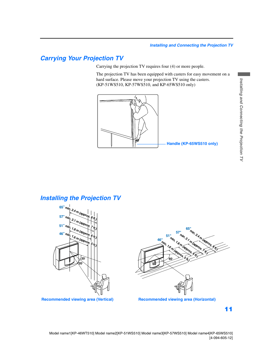 Carrying your projection tv, Installing the projection tv | Sony KP-46WT510 User Manual | Page 14 / 86