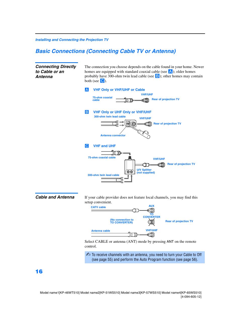 Basic connections (connecting cable tv or antenna), Connecting directly to cable or an antenna, Cable and antenna | Basic connections (connecting cable tv or, Antenna) | Sony KP-46WT510 User Manual | Page 19 / 86