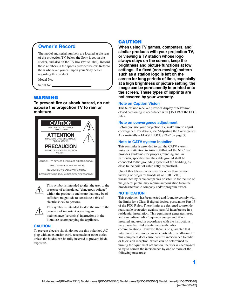 Attention, Precaucion, Owner’s record | Warning, Caution | Sony KP-46WT510 User Manual | Page 2 / 86