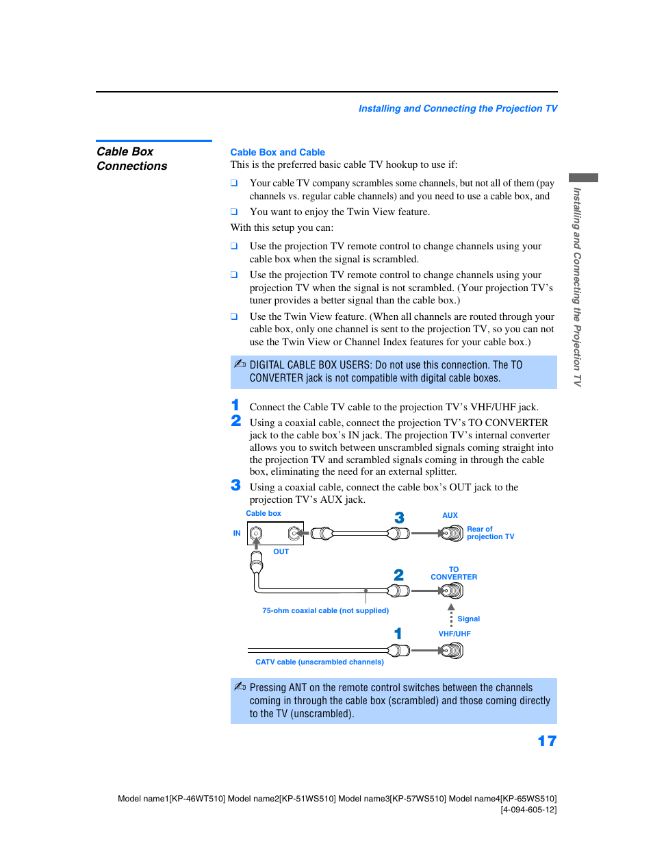 Cable box connections | Sony KP-46WT510 User Manual | Page 20 / 86