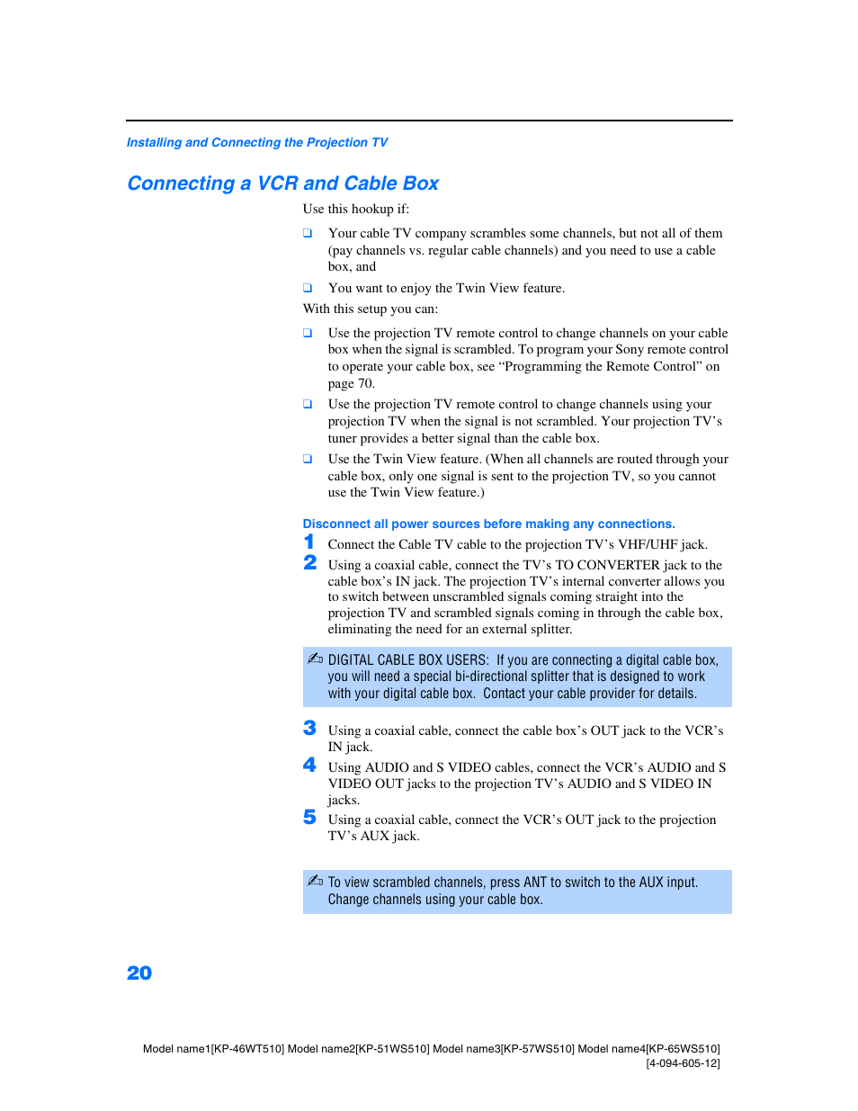 Connecting a vcr and cable box | Sony KP-46WT510 User Manual | Page 23 / 86