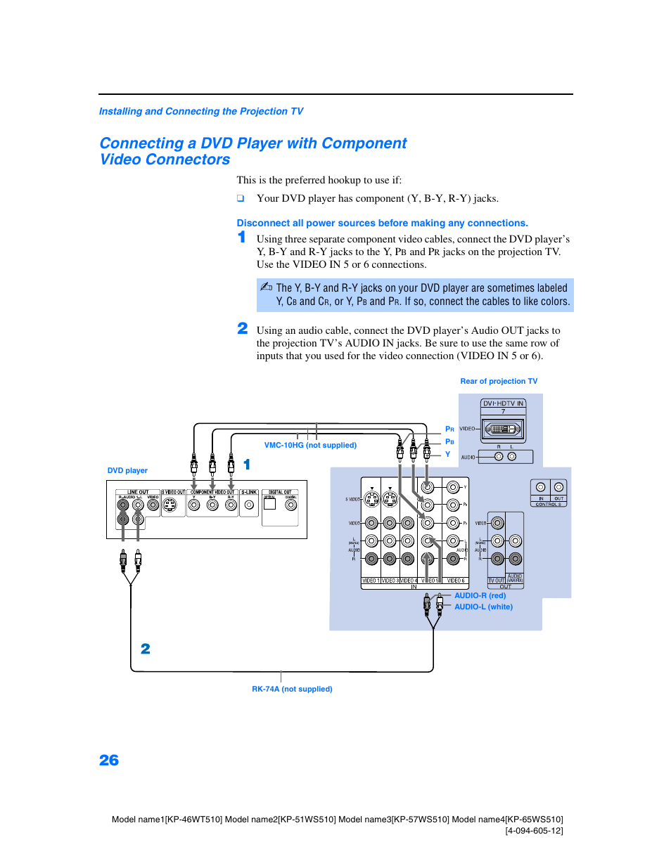 Connecting a dvd player with component, Video connectors | Sony KP-46WT510 User Manual | Page 29 / 86