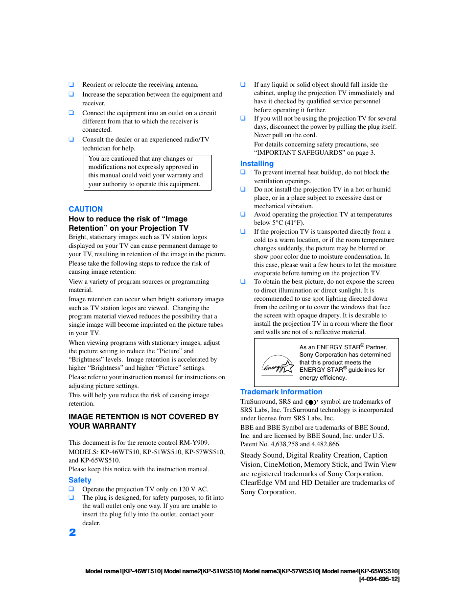 Sony KP-46WT510 User Manual | Page 3 / 86