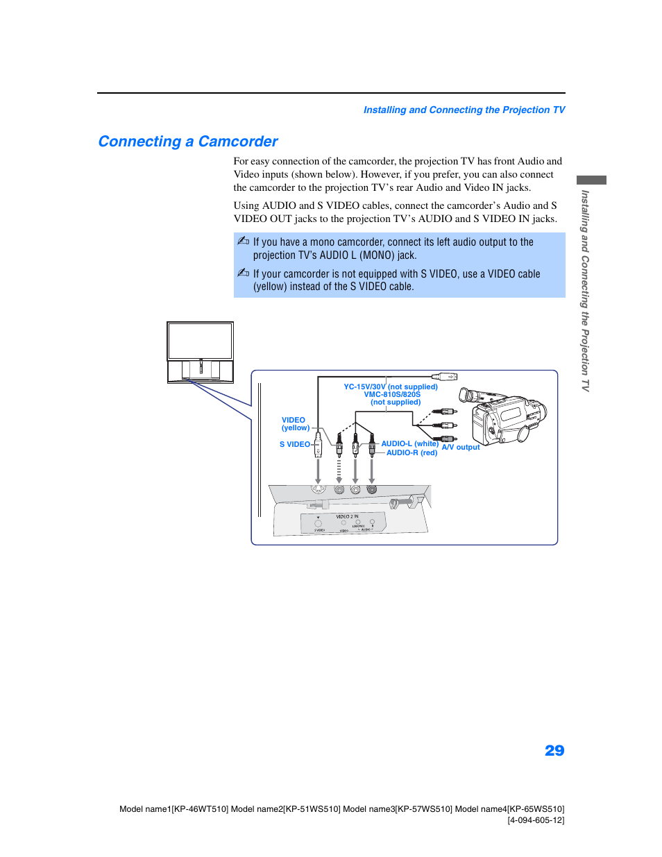 Connecting a camcorder | Sony KP-46WT510 User Manual | Page 32 / 86