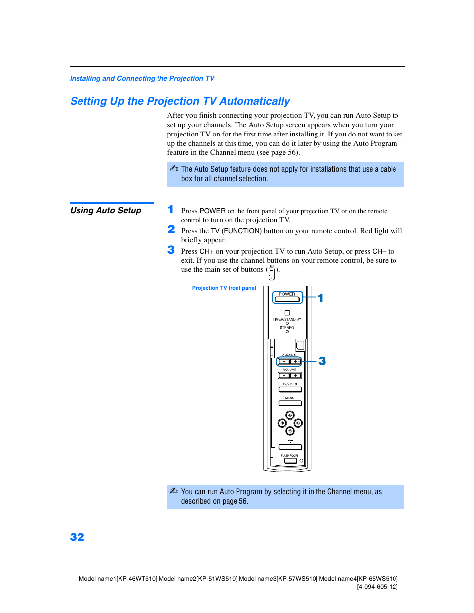 Setting up the projection tv automatically, Using auto setup | Sony KP-46WT510 User Manual | Page 35 / 86