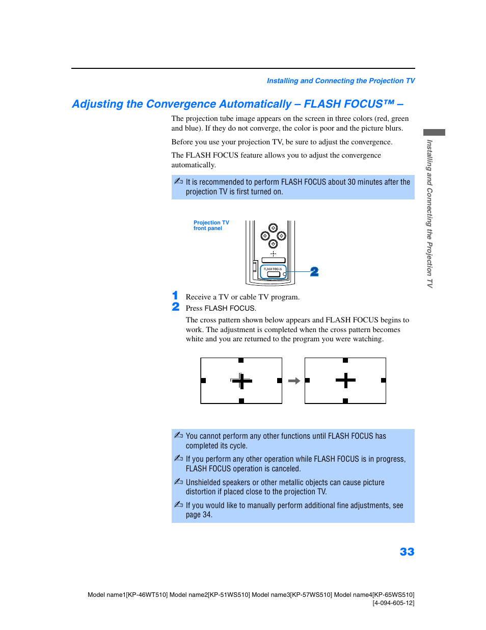 Adjusting the convergence automatically – flash, Focus | Sony KP-46WT510 User Manual | Page 36 / 86