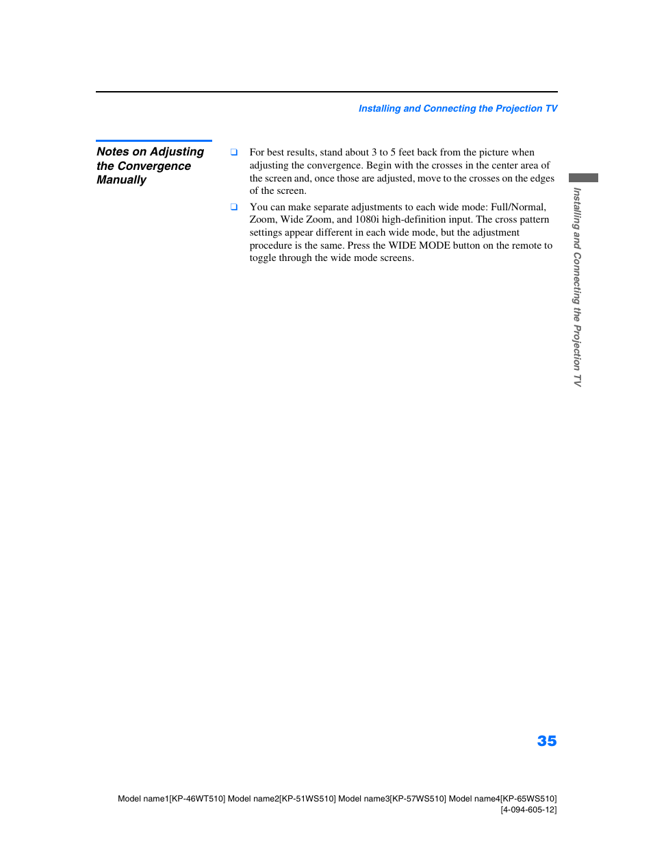 Notes on adjusting the convergence manually | Sony KP-46WT510 User Manual | Page 38 / 86