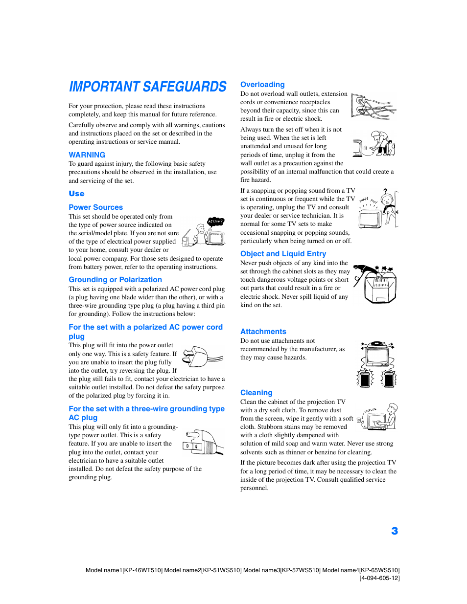Important safeguards | Sony KP-46WT510 User Manual | Page 4 / 86