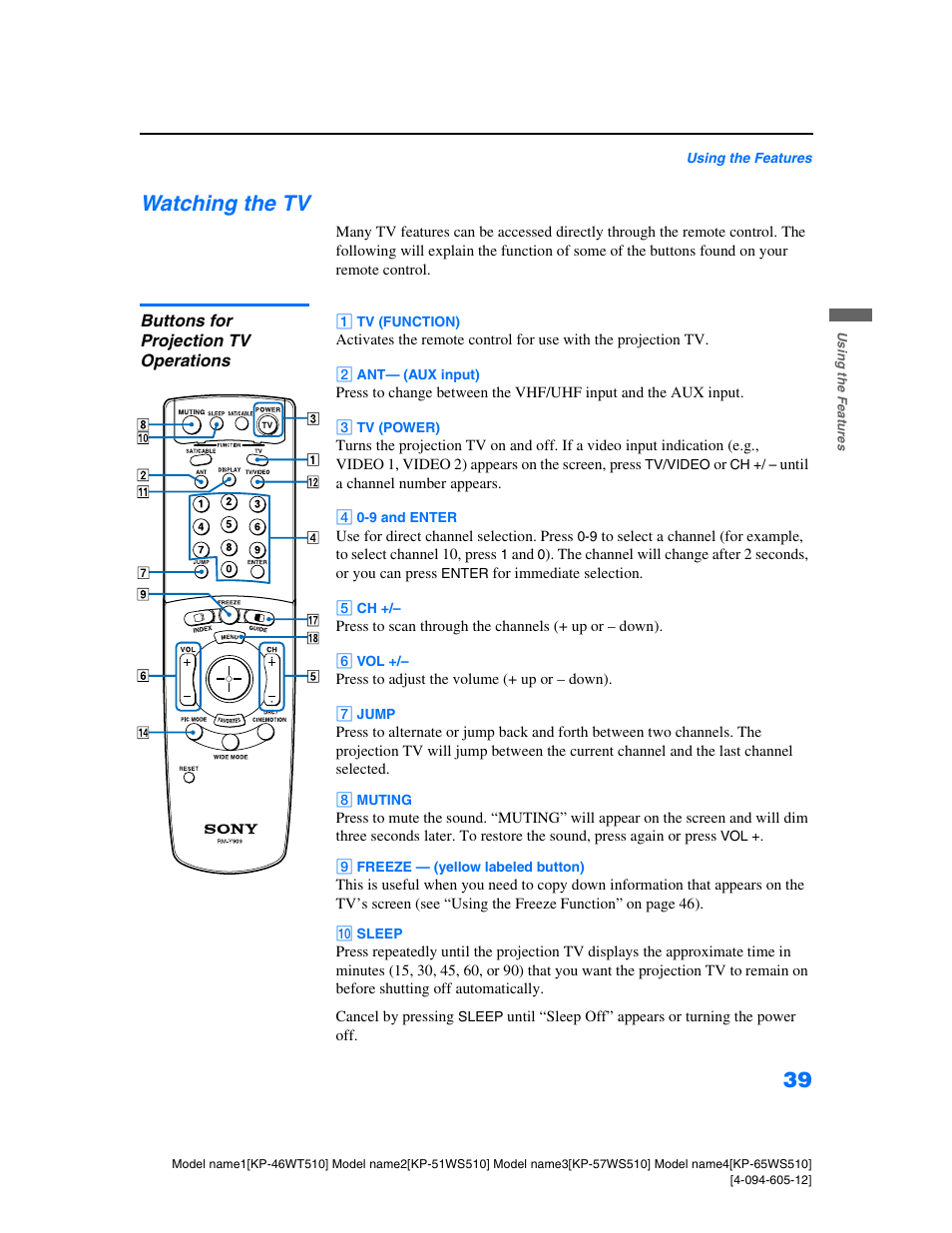 Watching the tv, Buttons for projection tv operations | Sony KP-46WT510 User Manual | Page 42 / 86