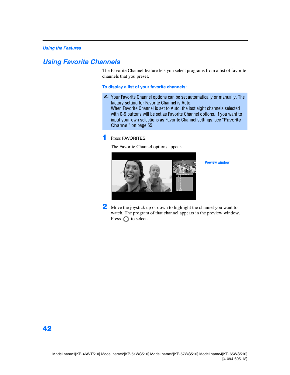 Using favorite channels | Sony KP-46WT510 User Manual | Page 45 / 86