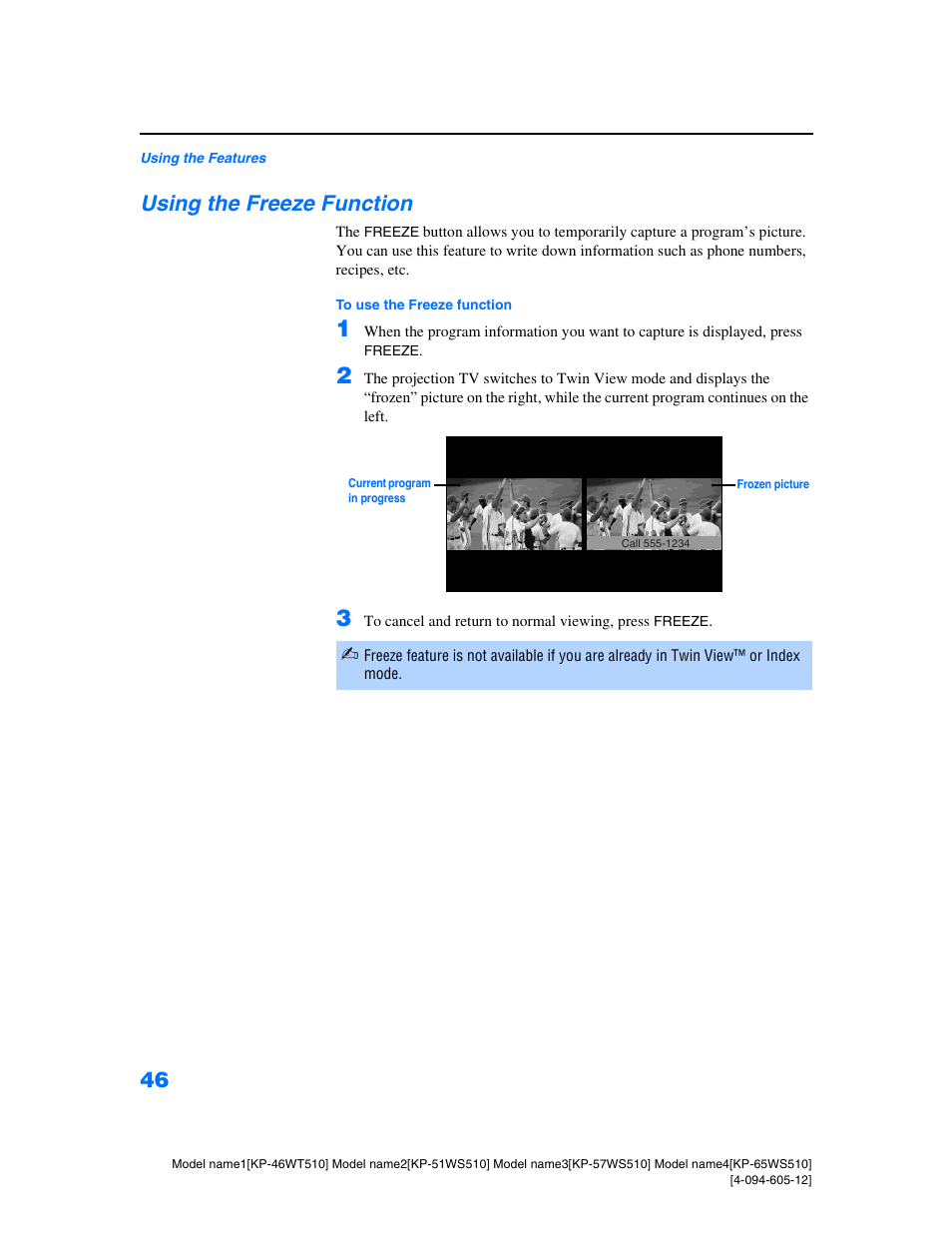 Using the freeze function | Sony KP-46WT510 User Manual | Page 49 / 86