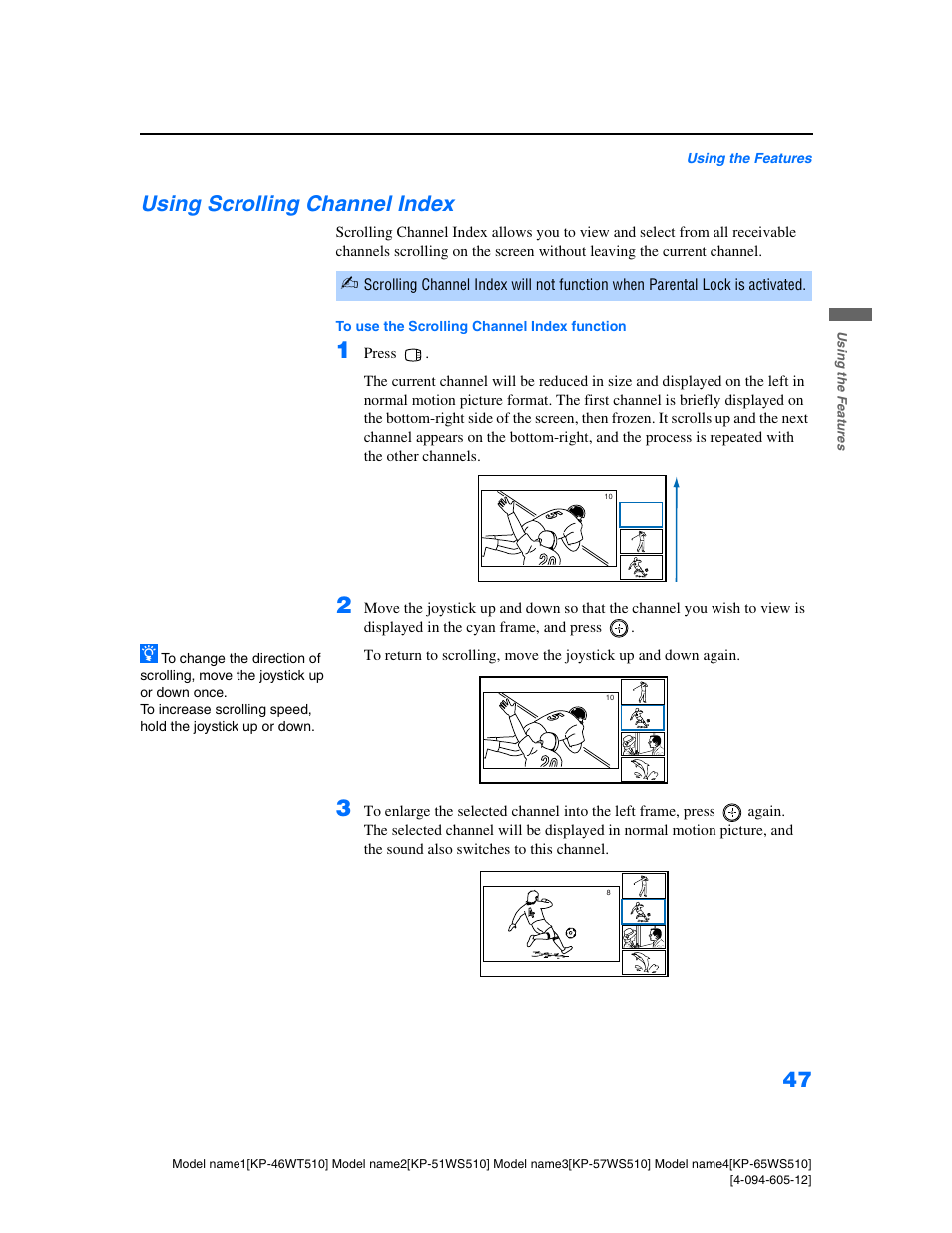 Using scrolling channel index | Sony KP-46WT510 User Manual | Page 50 / 86