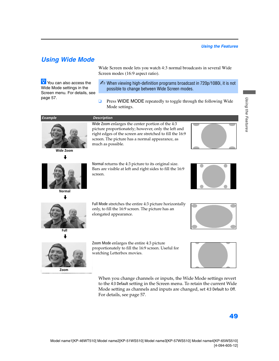 Using wide mode | Sony KP-46WT510 User Manual | Page 52 / 86