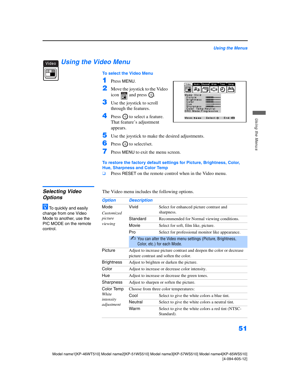 Using the video menu, Selecting video options | Sony KP-46WT510 User Manual | Page 54 / 86