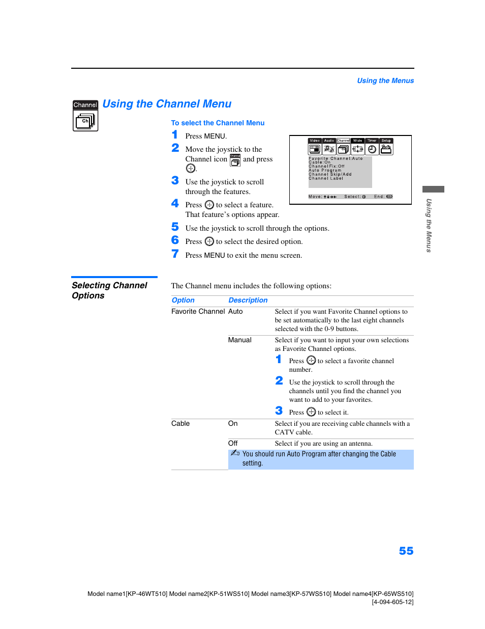 Using the channel menu, Selecting channel options | Sony KP-46WT510 User Manual | Page 58 / 86