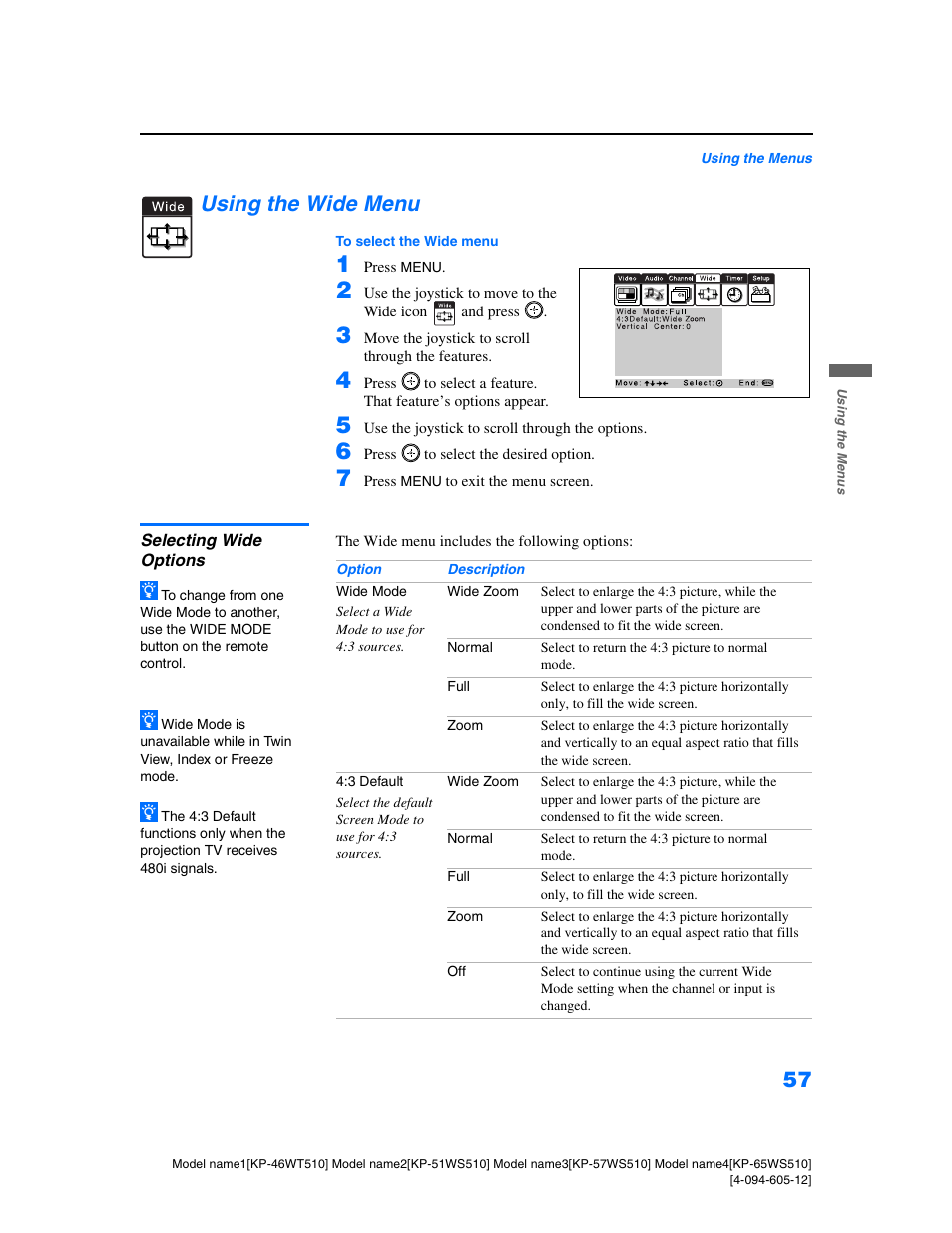 Using the wide menu, Selecting wide options | Sony KP-46WT510 User Manual | Page 60 / 86