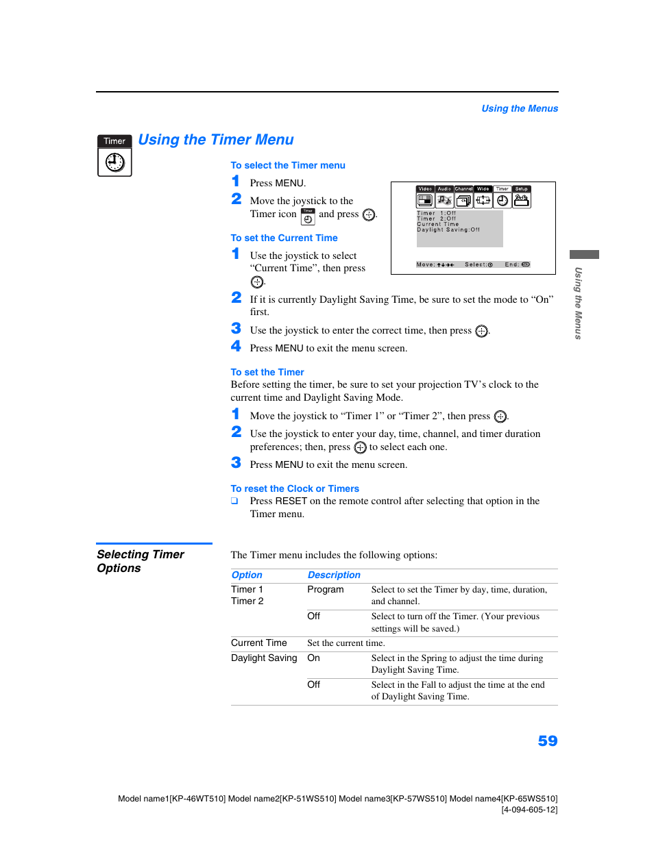 Using the timer menu, Selecting timer options | Sony KP-46WT510 User Manual | Page 62 / 86