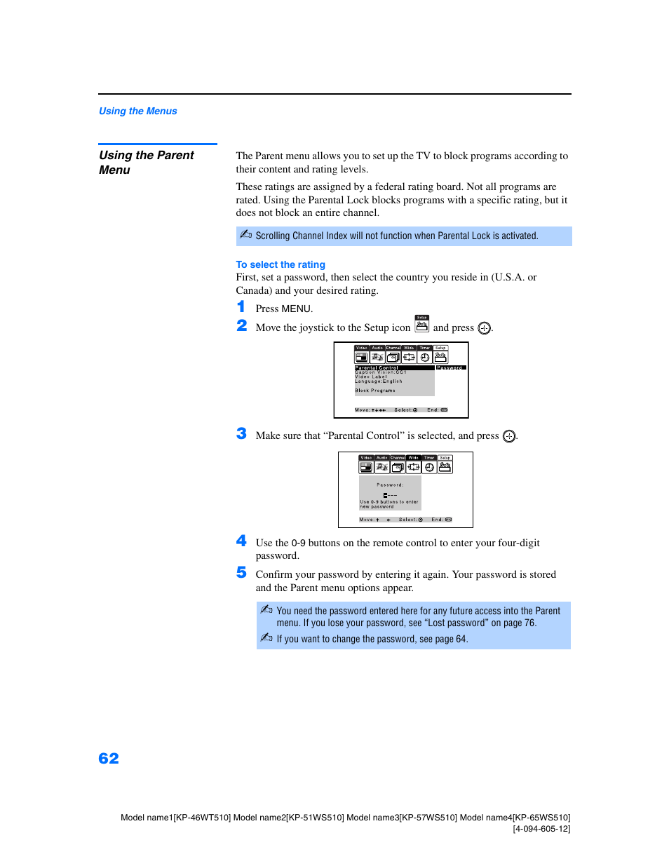 Using the parent menu | Sony KP-46WT510 User Manual | Page 65 / 86