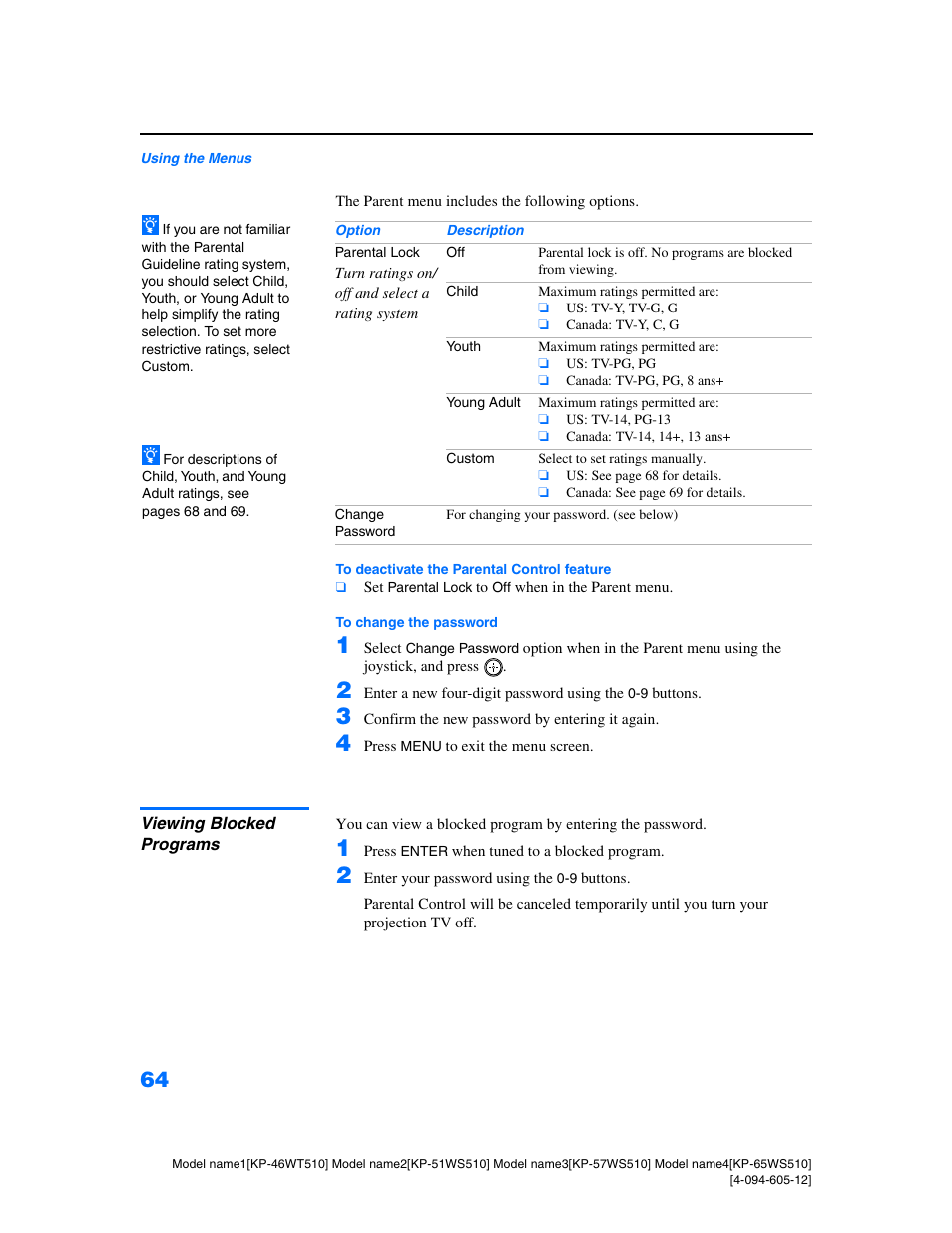 Viewing blocked programs | Sony KP-46WT510 User Manual | Page 67 / 86