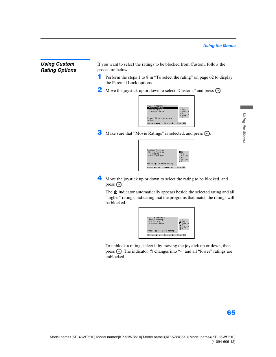 Using custom rating options | Sony KP-46WT510 User Manual | Page 68 / 86