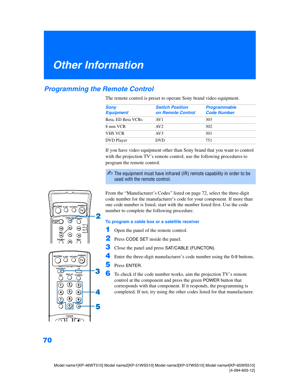 Other information, Programming the remote control | Sony KP-46WT510 User Manual | Page 73 / 86