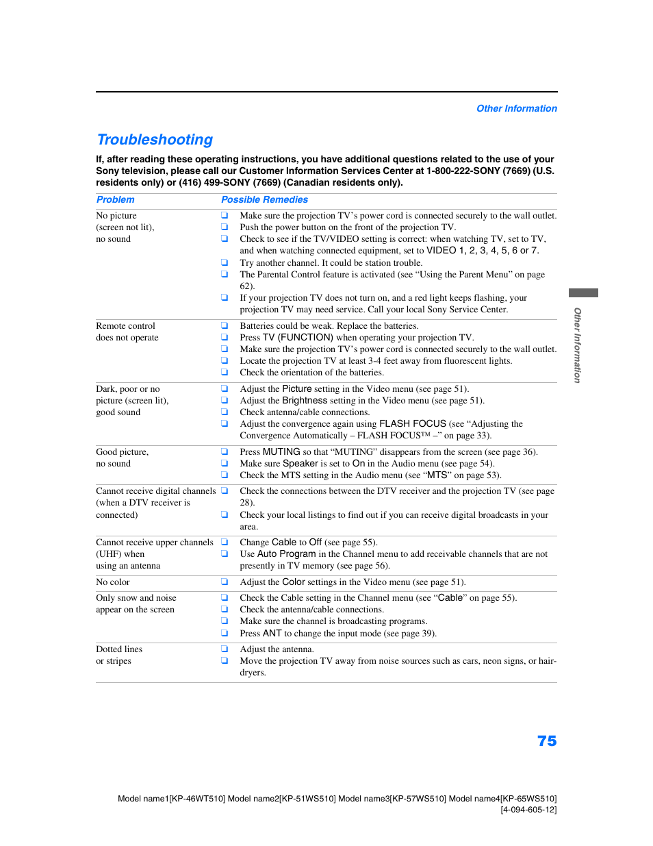 Troubleshooting | Sony KP-46WT510 User Manual | Page 78 / 86