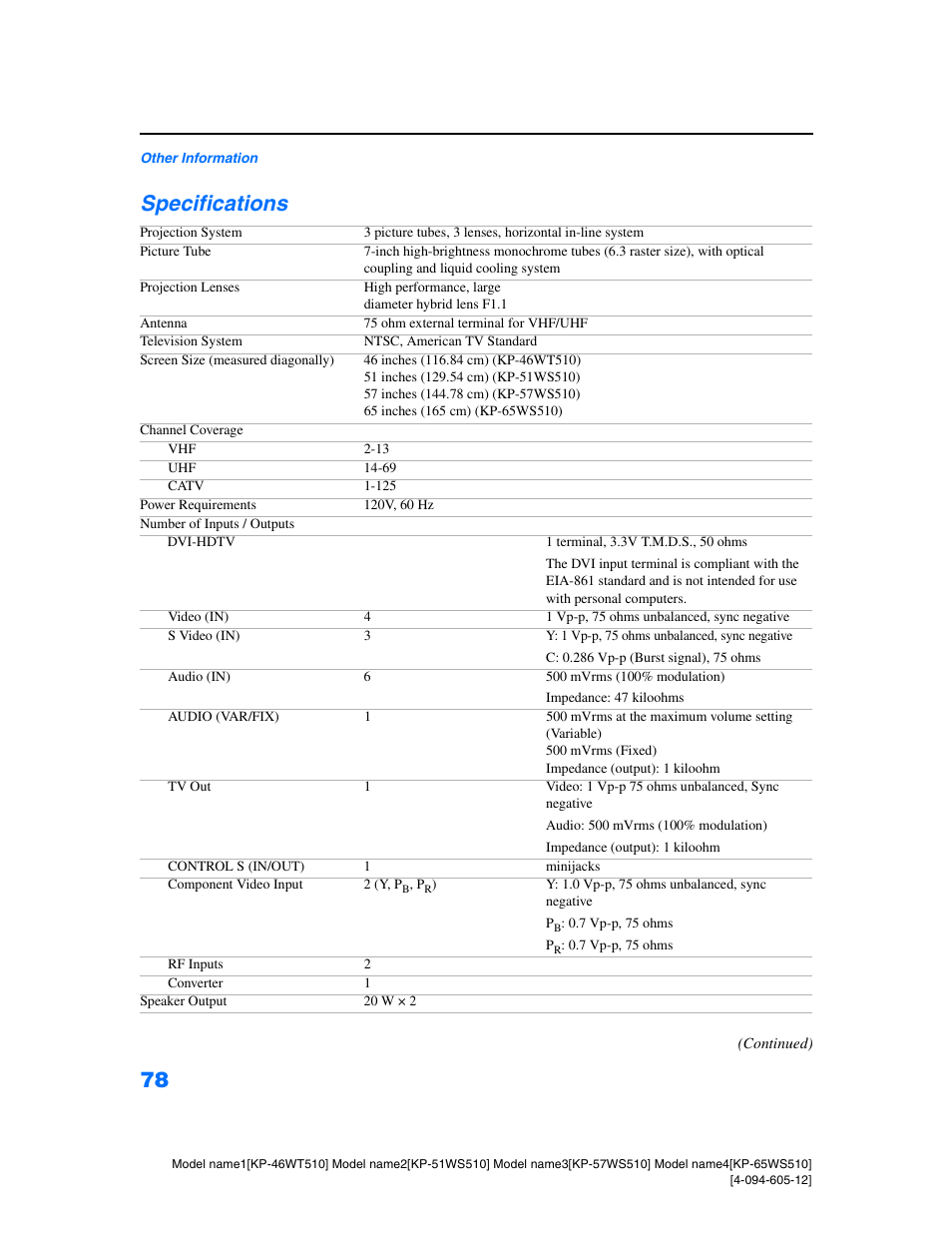 Specifications | Sony KP-46WT510 User Manual | Page 81 / 86