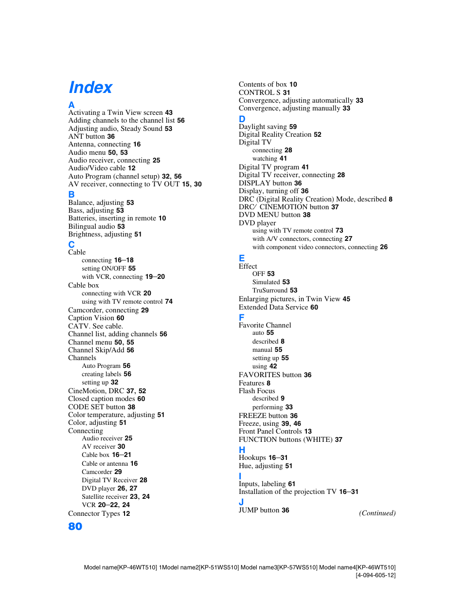 Index | Sony KP-46WT510 User Manual | Page 83 / 86