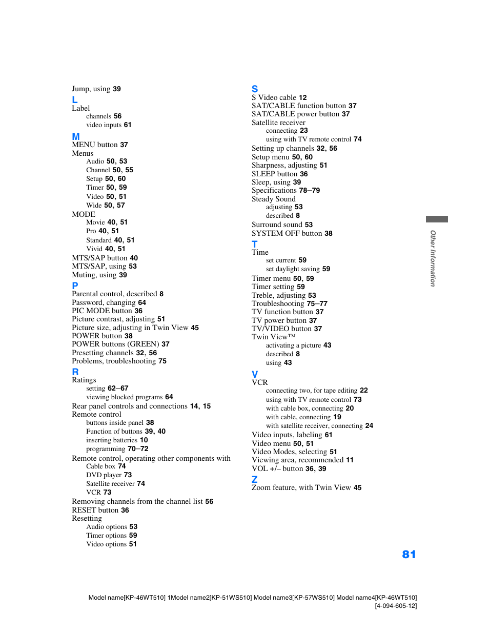 Sony KP-46WT510 User Manual | Page 84 / 86