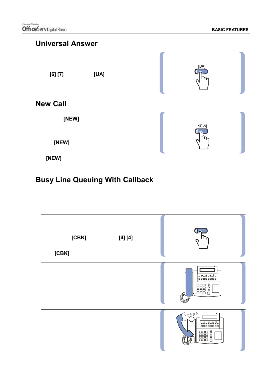 Universal answer, New call, Busy line queuing with callback | Samsung DS5021D User Manual | Page 57 / 144