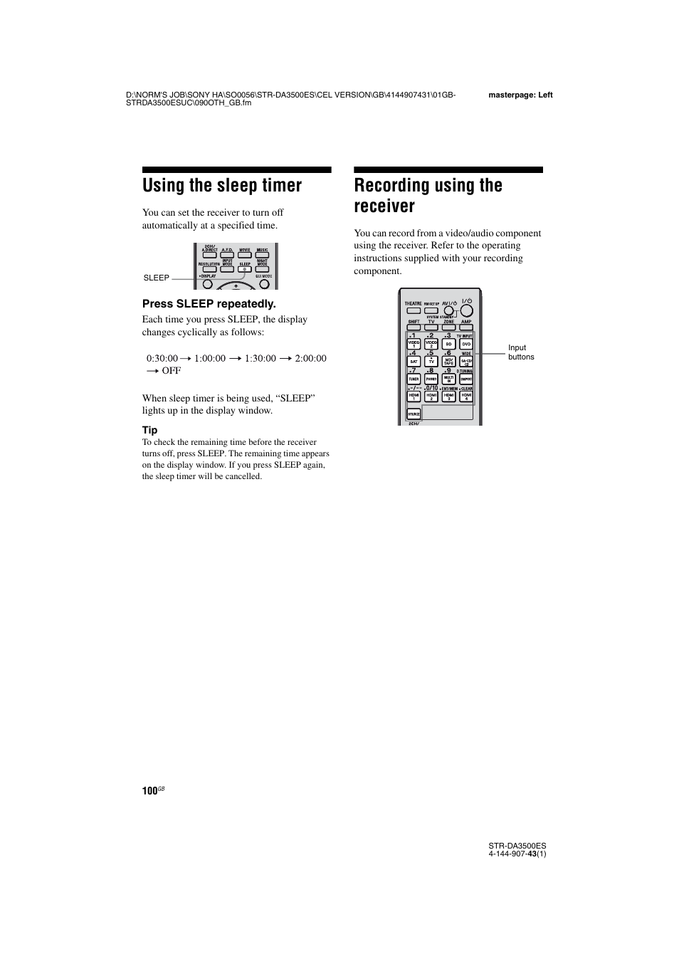 Using the sleep timer, Recording using the receiver, Using the sleep timer recording using the receiver | Sony 4-144-907-43(1) User Manual | Page 100 / 136