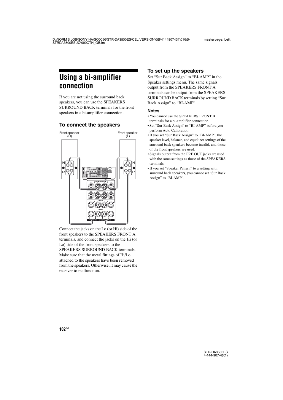 Using a bi-amplifier connection | Sony 4-144-907-43(1) User Manual | Page 102 / 136