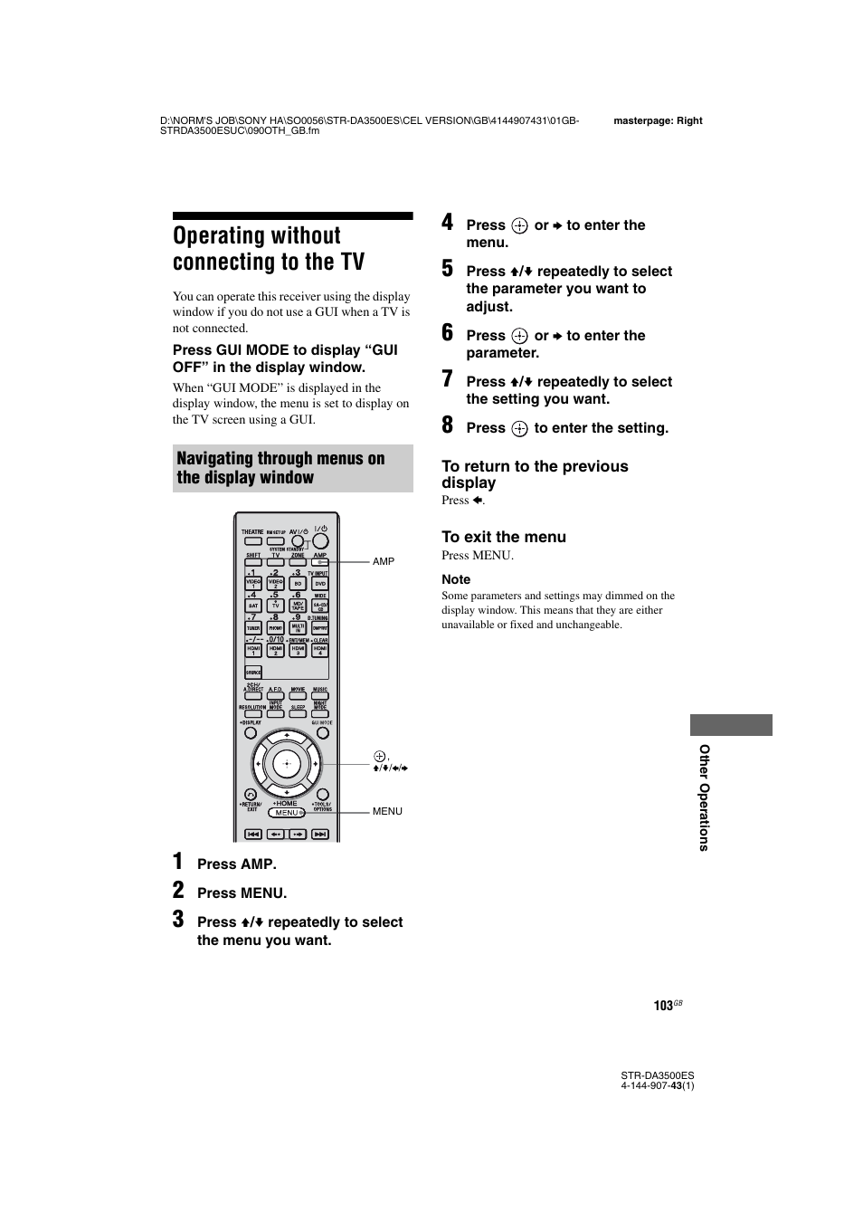 Operating without connecting to the tv, Operating without connecting to the | Sony 4-144-907-43(1) User Manual | Page 103 / 136