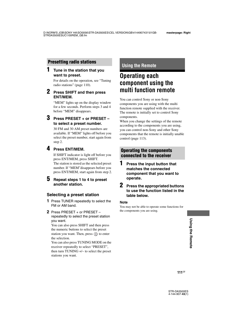 Using the remote, Operating each component using the multi, Function remote | Sony 4-144-907-43(1) User Manual | Page 111 / 136