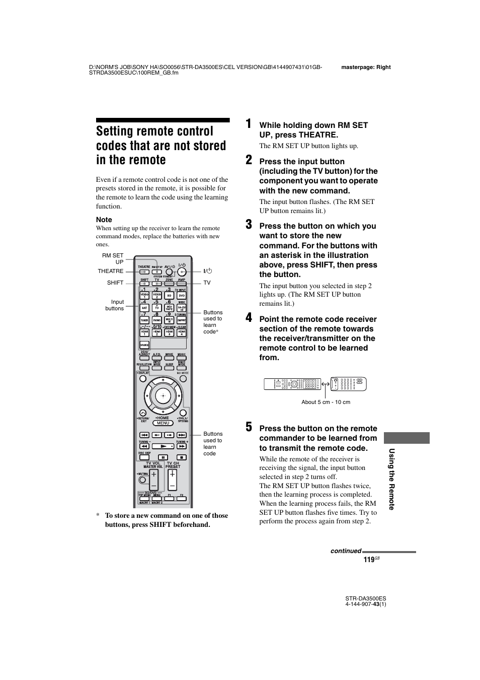 Setting remote control codes that are not, Stored in the remote | Sony 4-144-907-43(1) User Manual | Page 119 / 136