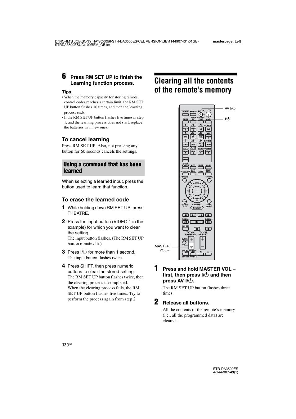 Clearing all the contents of the remote’s memory, Clearing all the contents of the remote’s, Memory | Using a command that has been learned | Sony 4-144-907-43(1) User Manual | Page 120 / 136