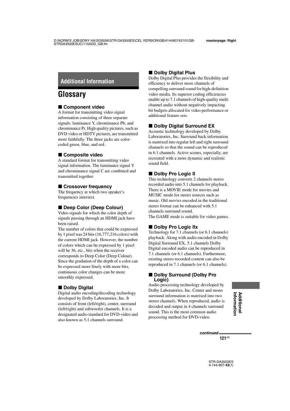 Additional information, Glossary | Sony 4-144-907-43(1) User Manual | Page 121 / 136