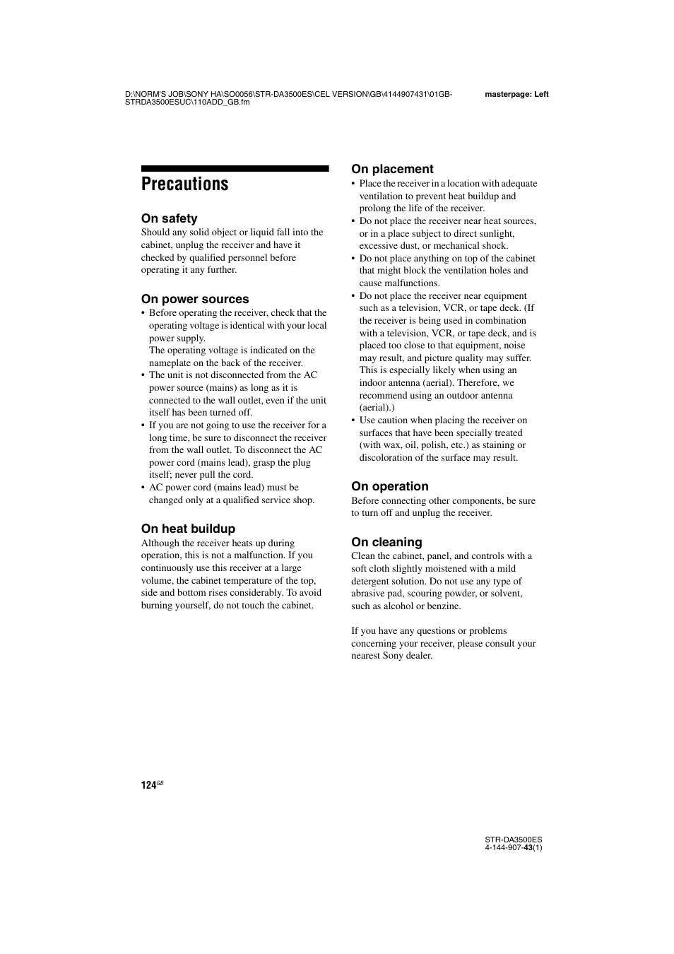 Precautions | Sony 4-144-907-43(1) User Manual | Page 124 / 136