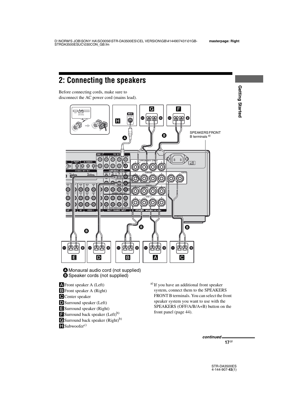 Connecting the speakers | Sony 4-144-907-43(1) User Manual | Page 17 / 136