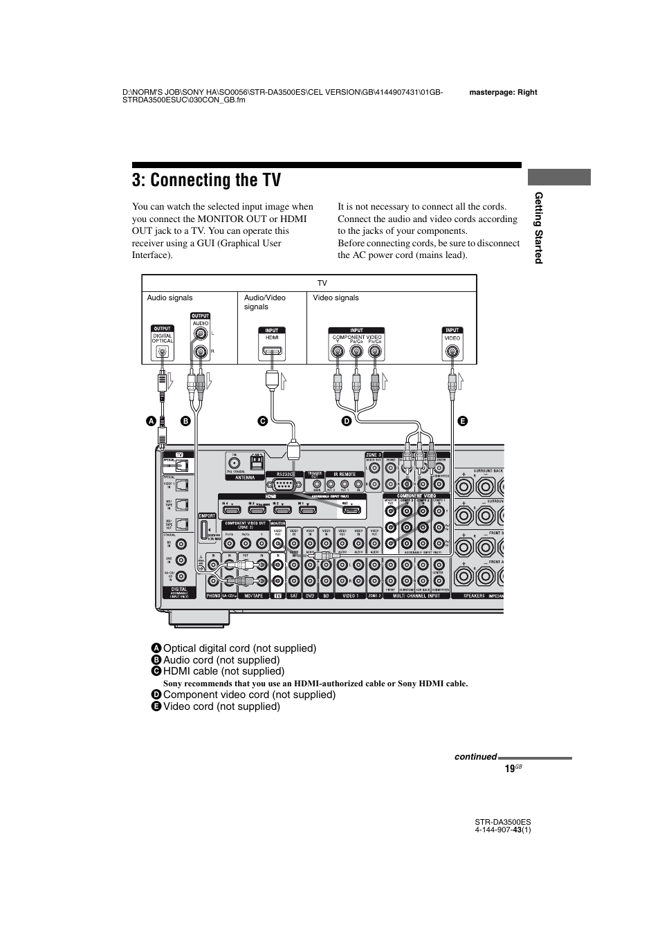 Connecting the tv, E 19, 29, E 19 | Sony 4-144-907-43(1) User Manual | Page 19 / 136