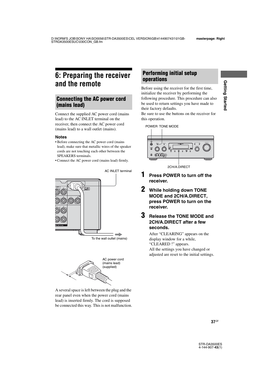 Preparing the receiver and the remote, Connecting the ac power cord (mains lead), Performing initial setup operations | Sony 4-144-907-43(1) User Manual | Page 37 / 136