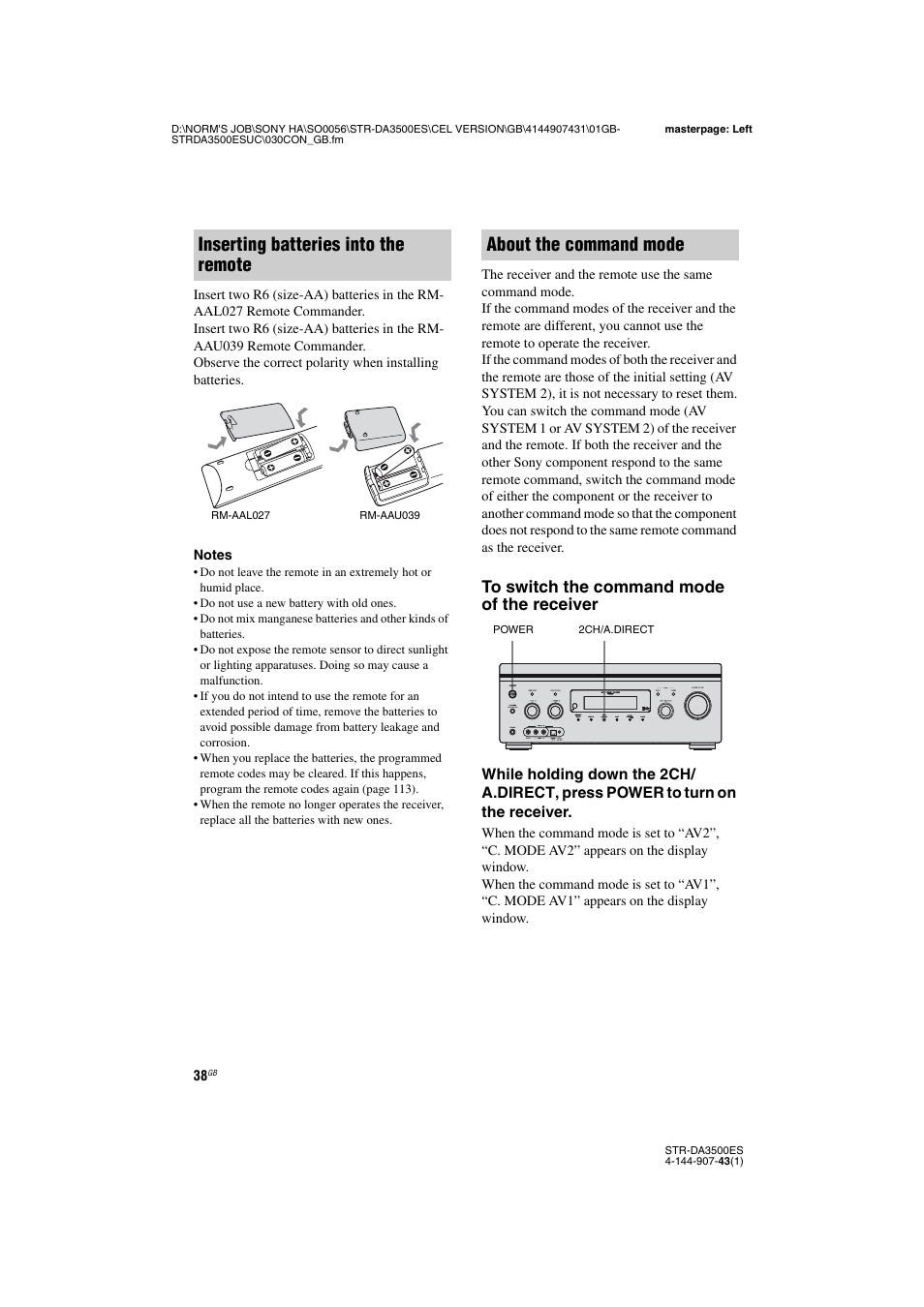 Inserting batteries into the remote, About the command mode | Sony 4-144-907-43(1) User Manual | Page 38 / 136