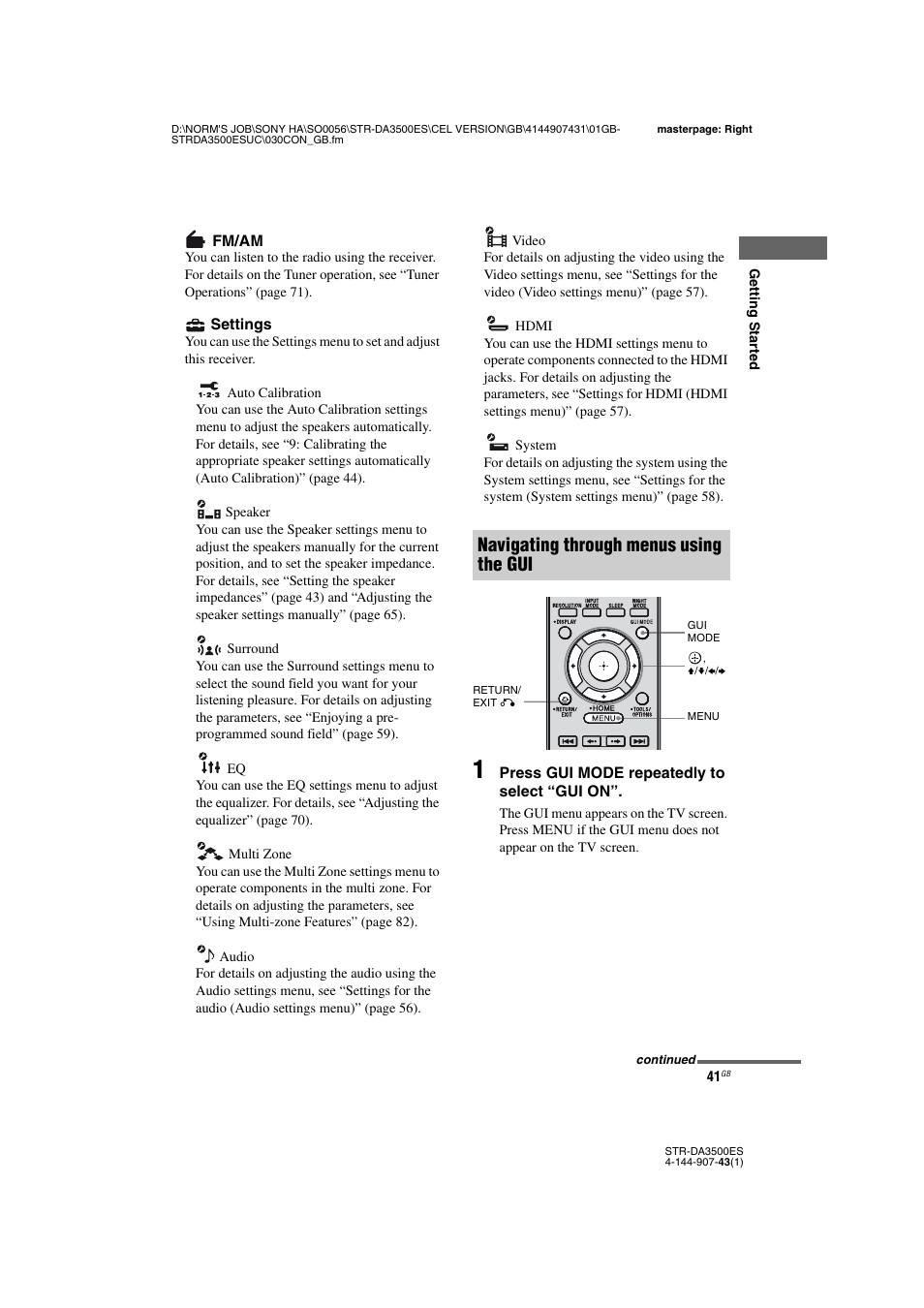 Navigating through menus using the gui | Sony 4-144-907-43(1) User Manual | Page 41 / 136