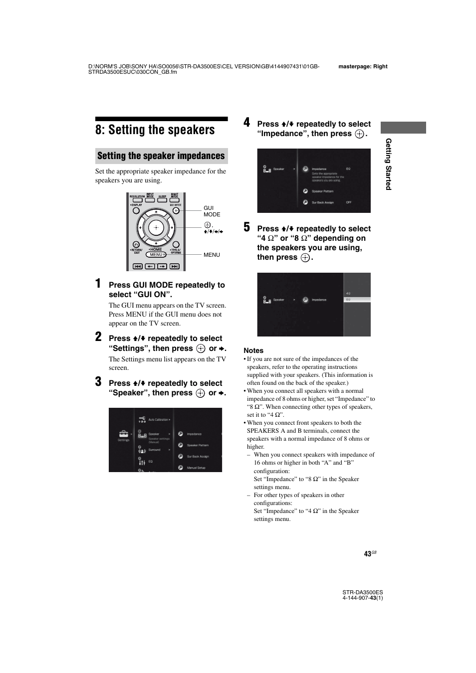 Setting the speakers, Setting the speaker impedances | Sony 4-144-907-43(1) User Manual | Page 43 / 136